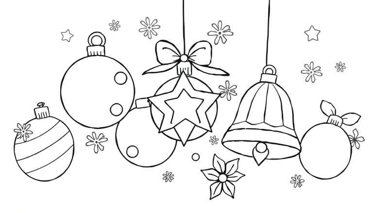 Placa de color de adornos navideños con bolas, estrellas, una campana y copos de nieve.