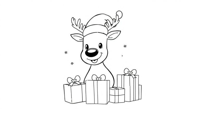 Placa de color de Navidad con un reno sonriente con gorro y regalos.