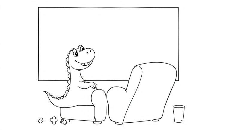 Placa de color de un dinosaurio tierno en un sofá viendo una película con palomitas.