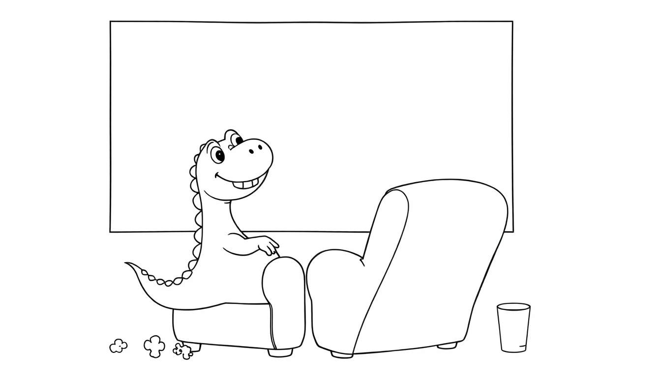 Placa de color de un dinosaurio tierno en un sofá viendo una película con palomitas.