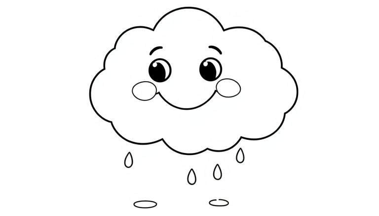 Placa de color de una nube feliz con gotas de lluvia