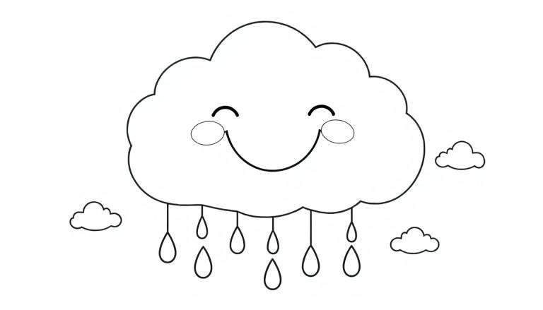 Placa de color de una nube sonriente con gotas de lluvia amigables.