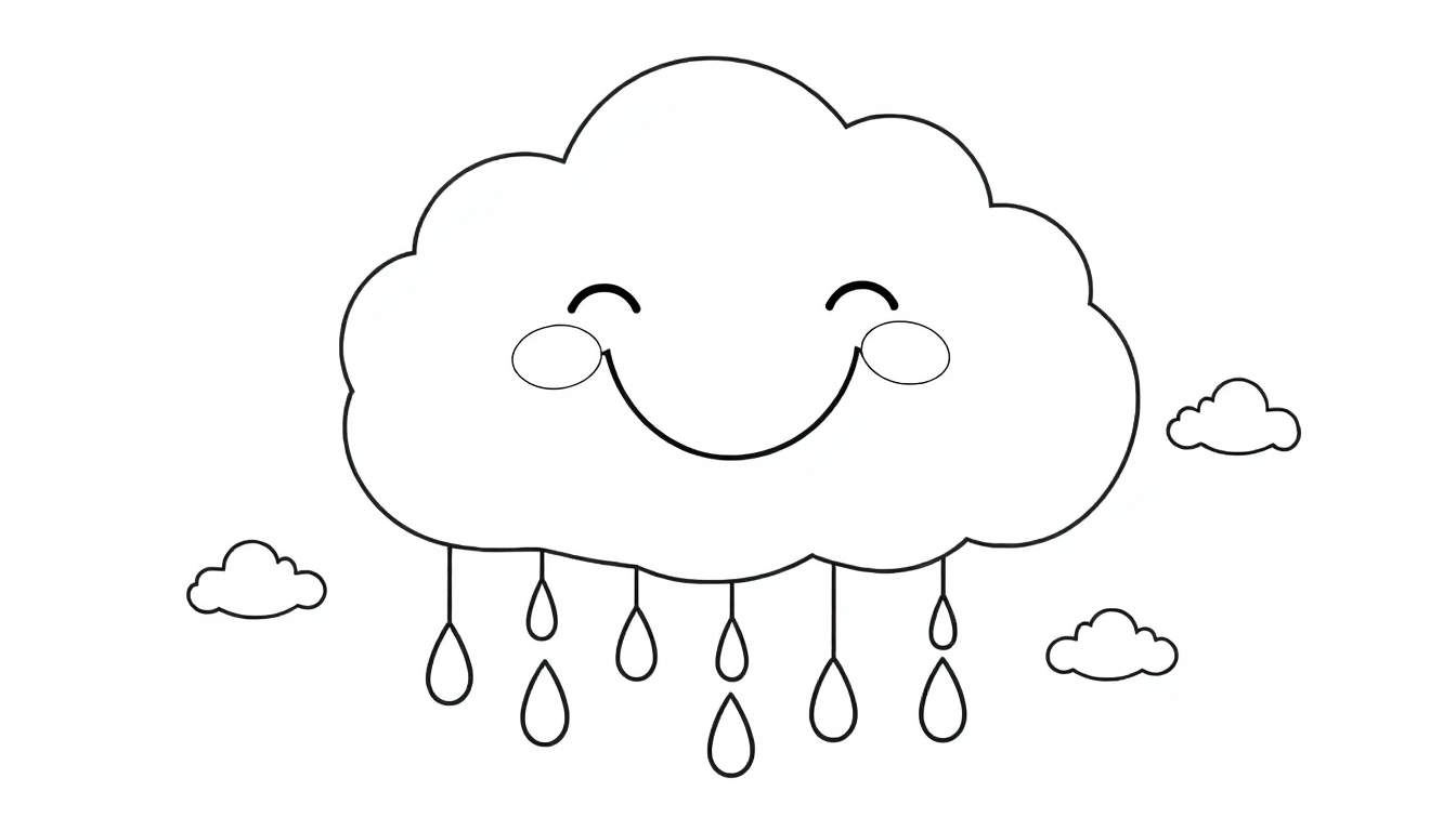 Placa de color de una nube sonriente con gotas de lluvia amigables.