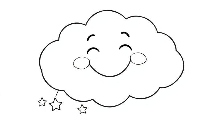 Placa de color de una nube sonriente y esponjosa con tres estrellas cayendo.