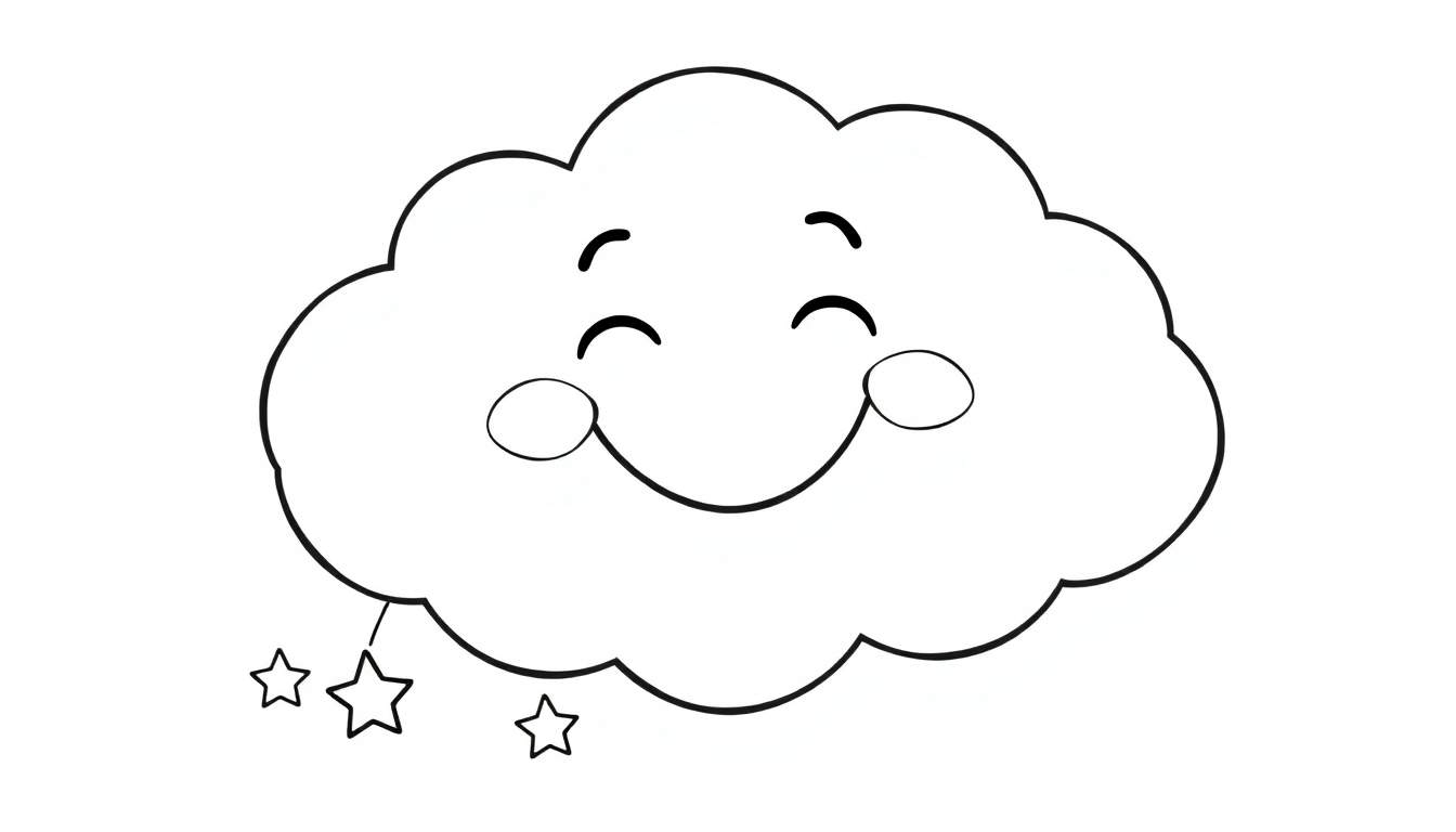 Placa de color de una nube sonriente y esponjosa con tres estrellas cayendo.