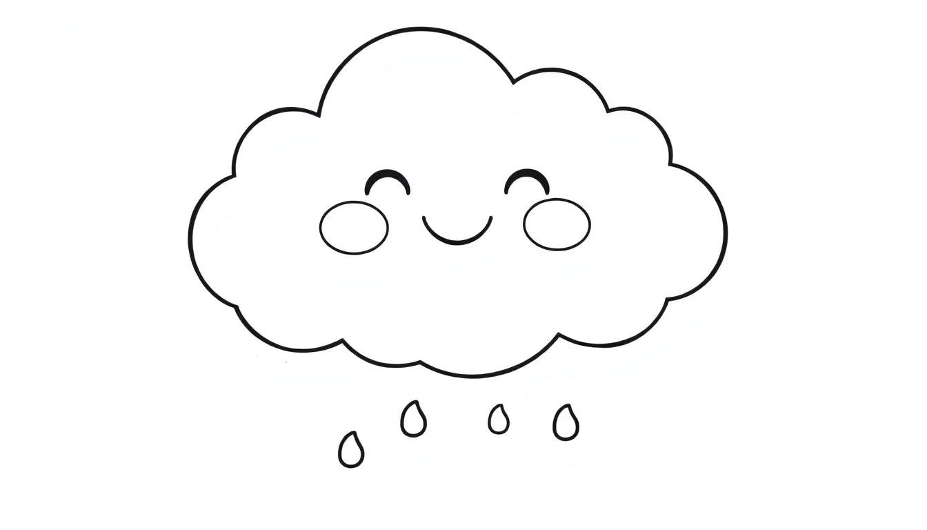 Placa de color de una nube sonriente con gotas de lluvia.