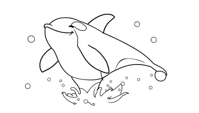 Placa de color de una orca sonriente saltando fuera del agua con burbujas.