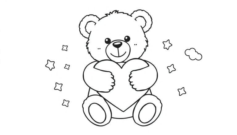 Placa de color de un osito de peluche sonriente sosteniendo un corazón rodeado de estrellas y una nube.