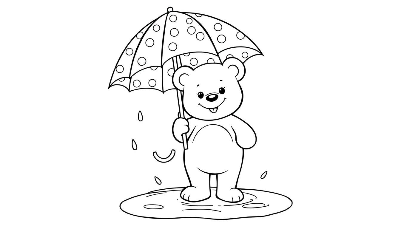 Placa de color de un oso de dibujos animados feliz jugando bajo la lluvia.