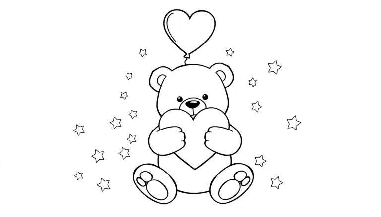 Placa de color de San Valentín de un osito abrazando un corazón grande, con un globo en forma de corazón y estrellas.