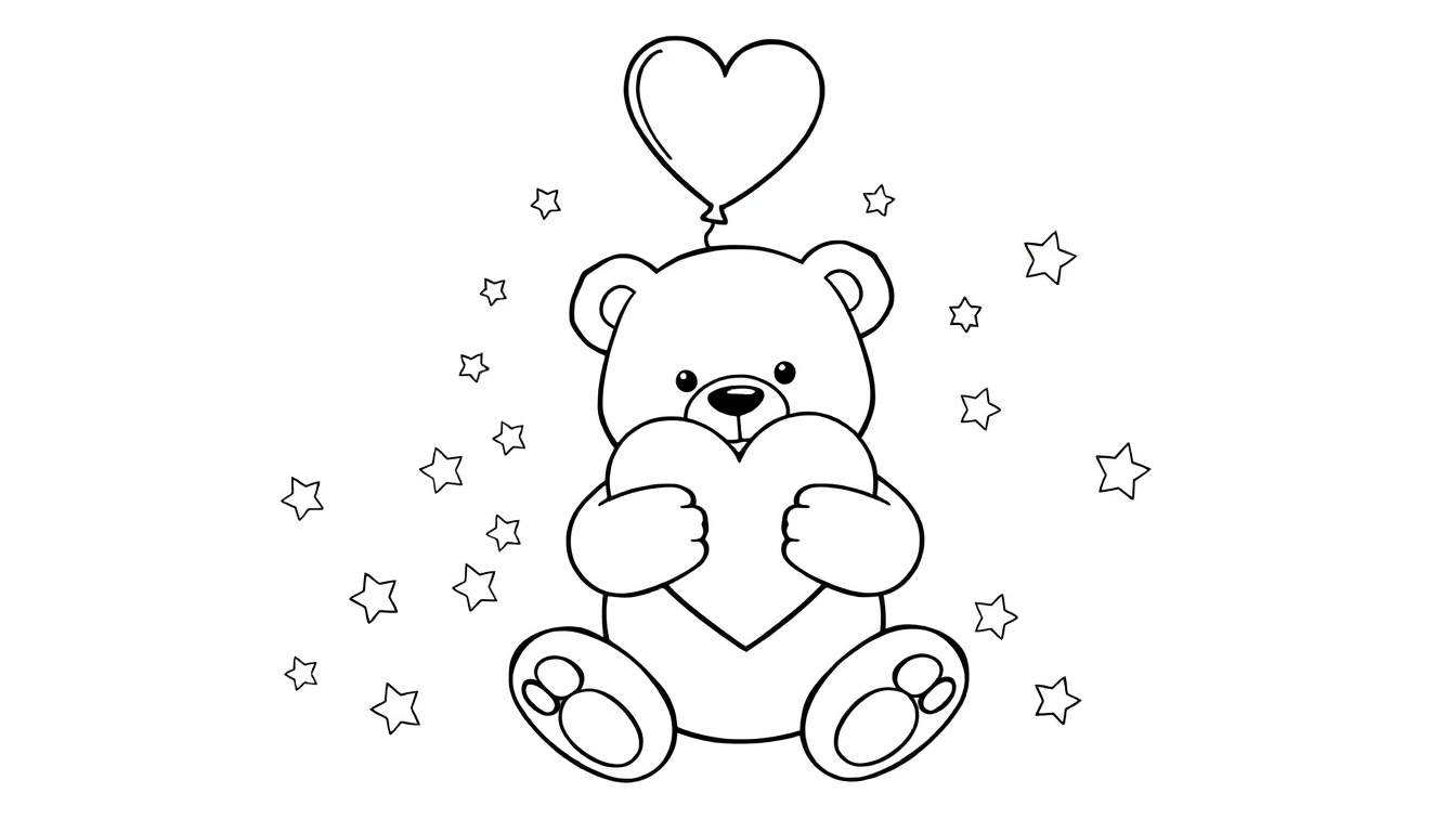 Placa de color de San Valentín de un osito abrazando un corazón grande, con un globo en forma de corazón y estrellas.