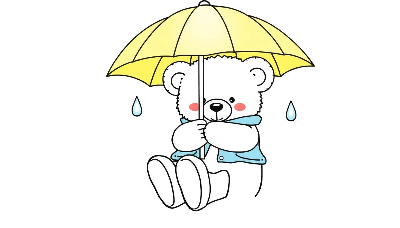 Placa de color de un osito blanco adorable sentado bajo la lluvia con un paraguas amarillo y botas de agua blancas.