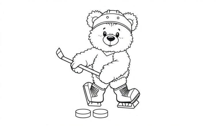 Un osito de peluche jugando hockey con su placa de color, listo para colorear.