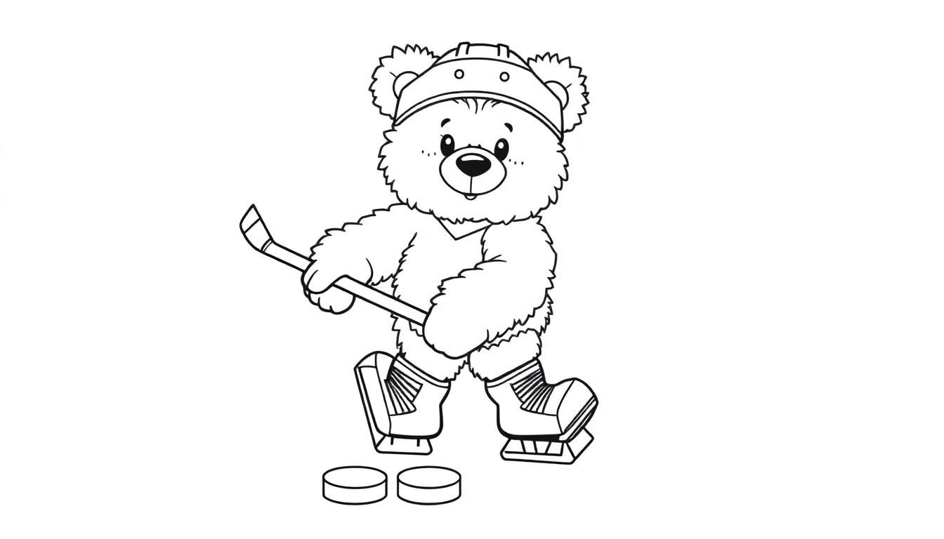 Un osito de peluche jugando hockey con su placa de color, listo para colorear.