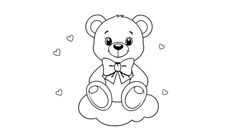 Placa de color de un oso de peluche tierno en una nube.