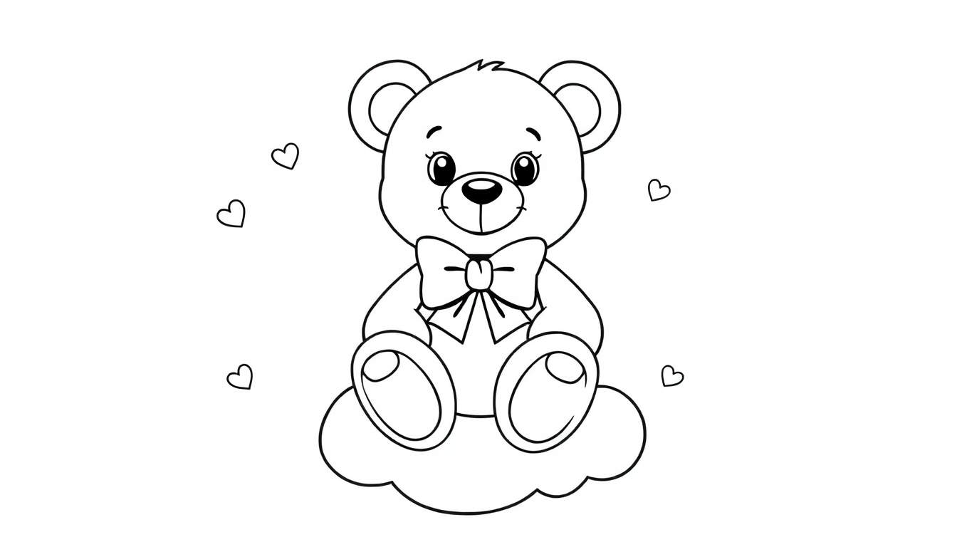 Placa de color de un oso de peluche tierno en una nube.