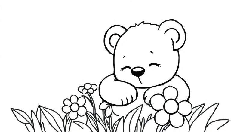 Placa de color de un osito de peluche durmiendo entre flores.