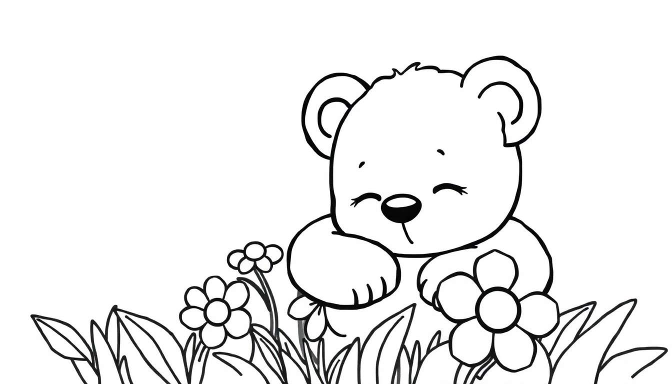 Placa de color de un osito de peluche durmiendo entre flores.