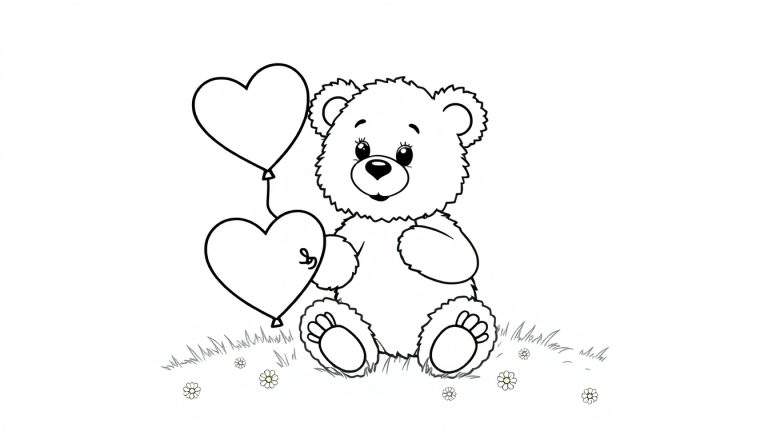 Placa de color de un oso de peluche con globos en forma de corazón.