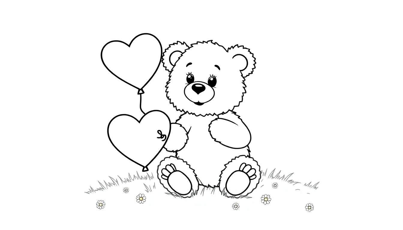 Placa de color de un oso de peluche con globos en forma de corazón.