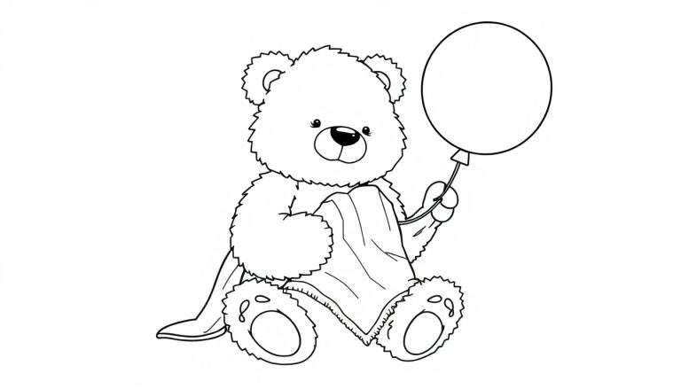 Osito de peluche sosteniendo un globo y una manta, listo para colorear en una placa de color.