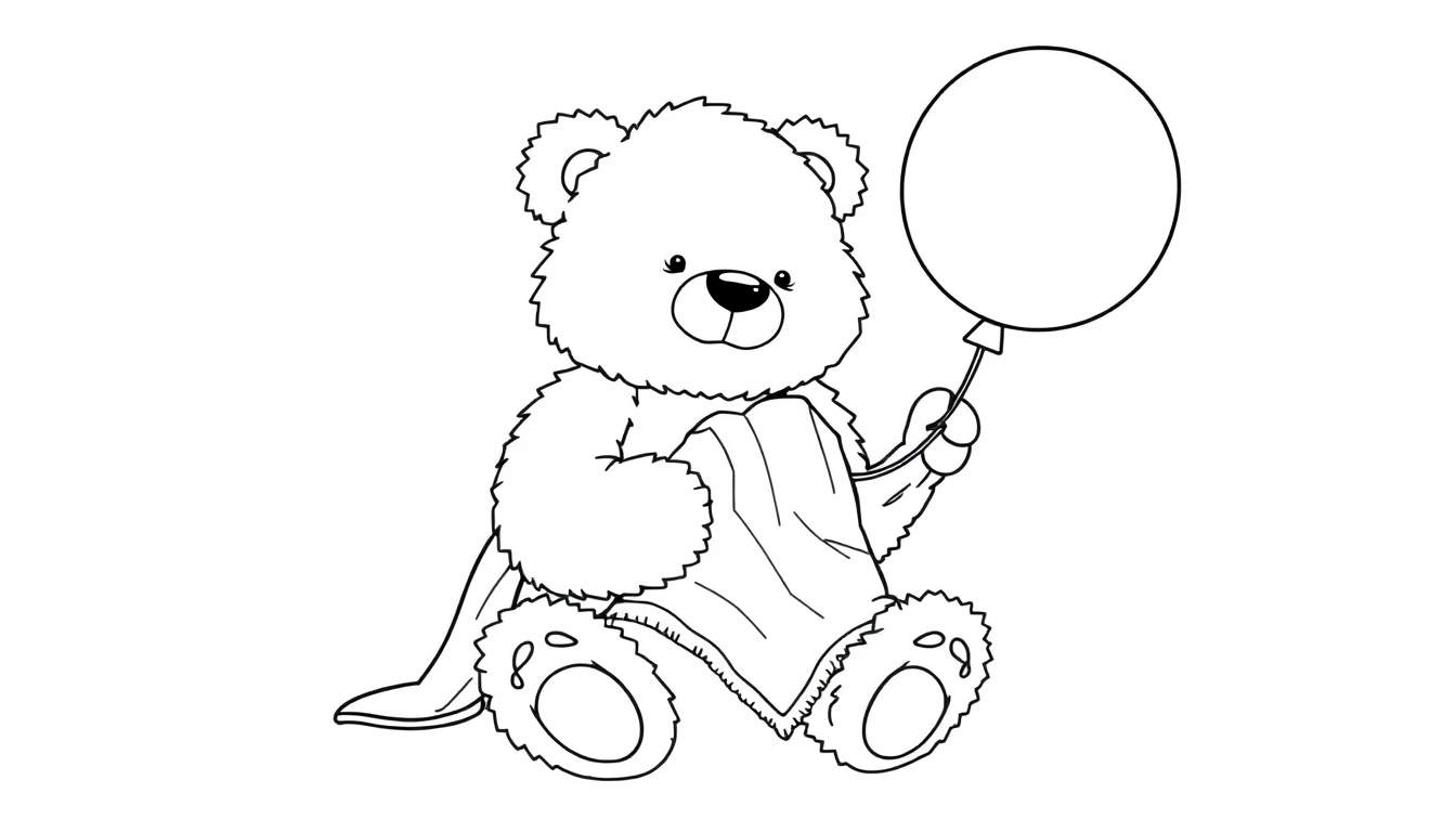 Osito de peluche sosteniendo un globo y una manta, listo para colorear en una placa de color.