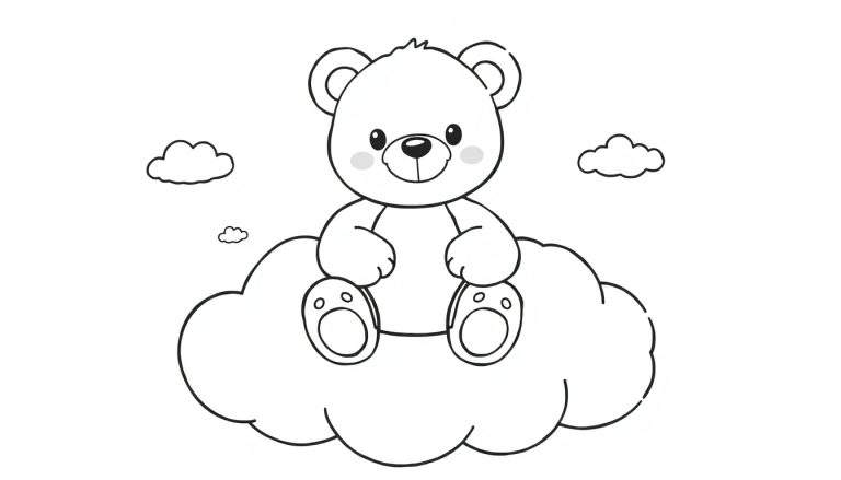 Placa de color de un osito de peluche sentado en una nube.