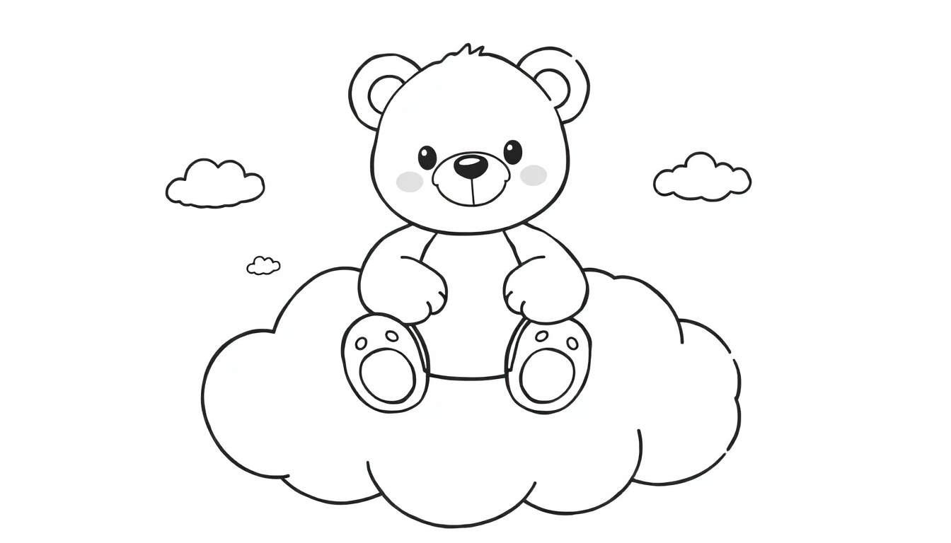 Placa de color de un osito de peluche sentado en una nube.