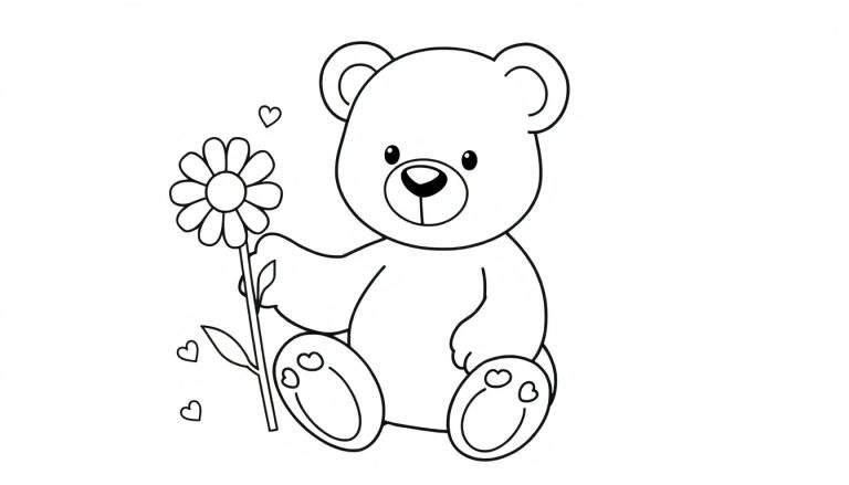 Placa de color de un tierno osito de peluche regalando una flor.