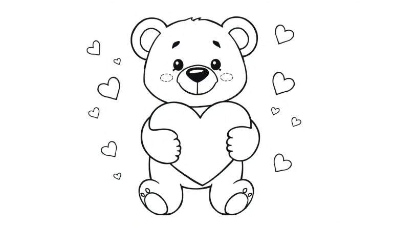 Placa de color de un oso de peluche tierno con un corazón grande y pequeños corazones flotando.