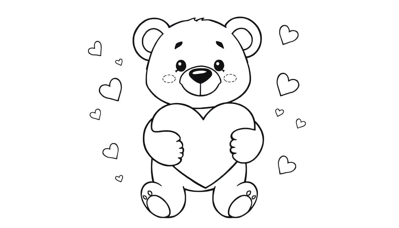 Placa de color de un oso de peluche tierno con un corazón grande y pequeños corazones flotando.