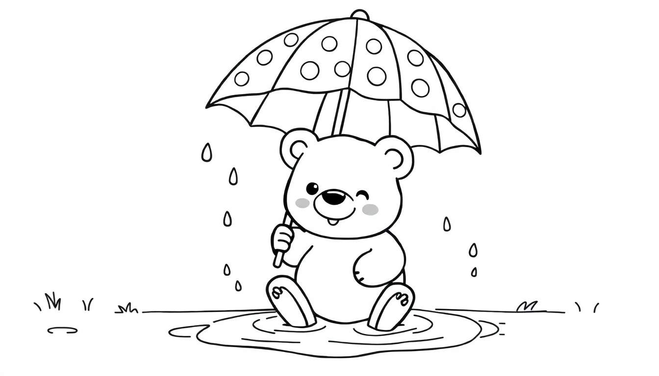Placa de color con un dibujo lineal de un oso sonriente y guiñando un ojo bajo un paraguas de lunares mientras llueve.
