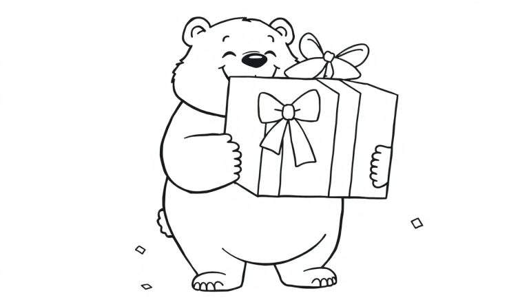 Placa de color de un oso de peluche feliz con un regalo.