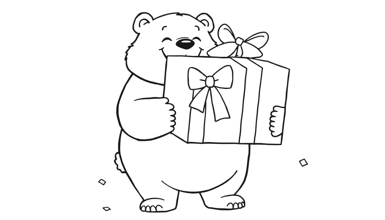 Placa de color de un oso de peluche feliz con un regalo.