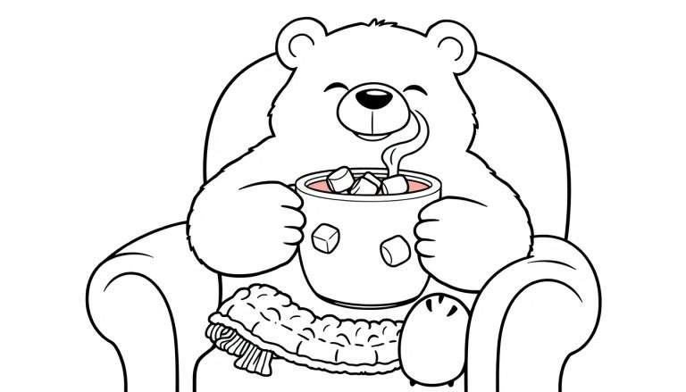 Placa de color de un oso polar de dibujos animados disfrutando de chocolate caliente.