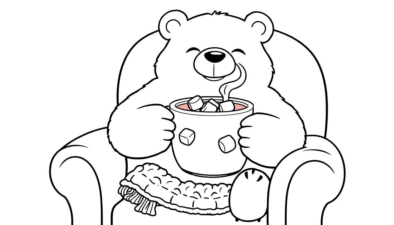 Placa de color de un oso polar de dibujos animados disfrutando de chocolate caliente.