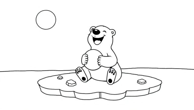 Un oso polar de dibujos animados feliz sentado en un témpano de hielo, listo para ser coloreado, en una placa de color.