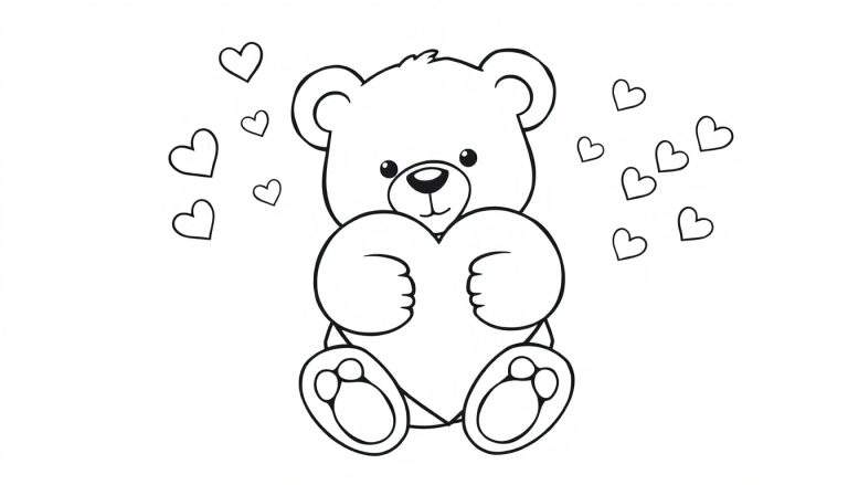 Placa de color de un oso de peluche tierno sosteniendo un corazón rodeado de corazones pequeños.