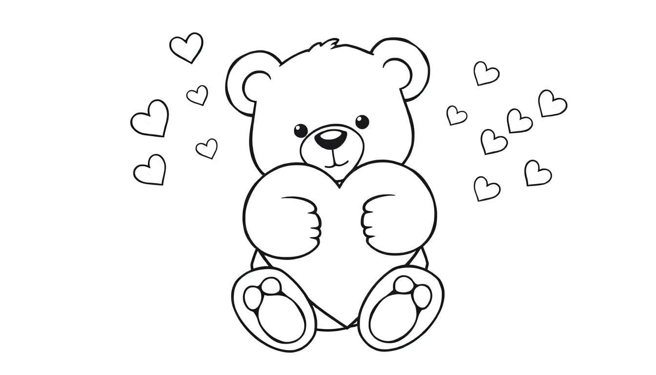 Placa de color de un oso de peluche tierno sosteniendo un corazón rodeado de corazones pequeños.