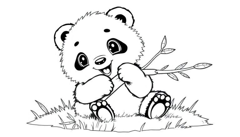 Placa de color de un osezno panda sonriendo y jugando con una hoja.