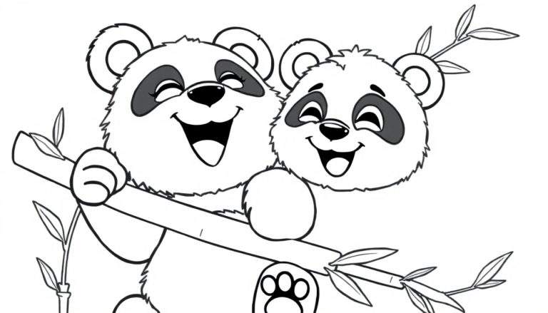 Un dibujo en blanco y negro de dos pandas felices abrazándose en una rama de bambú, para colorear.