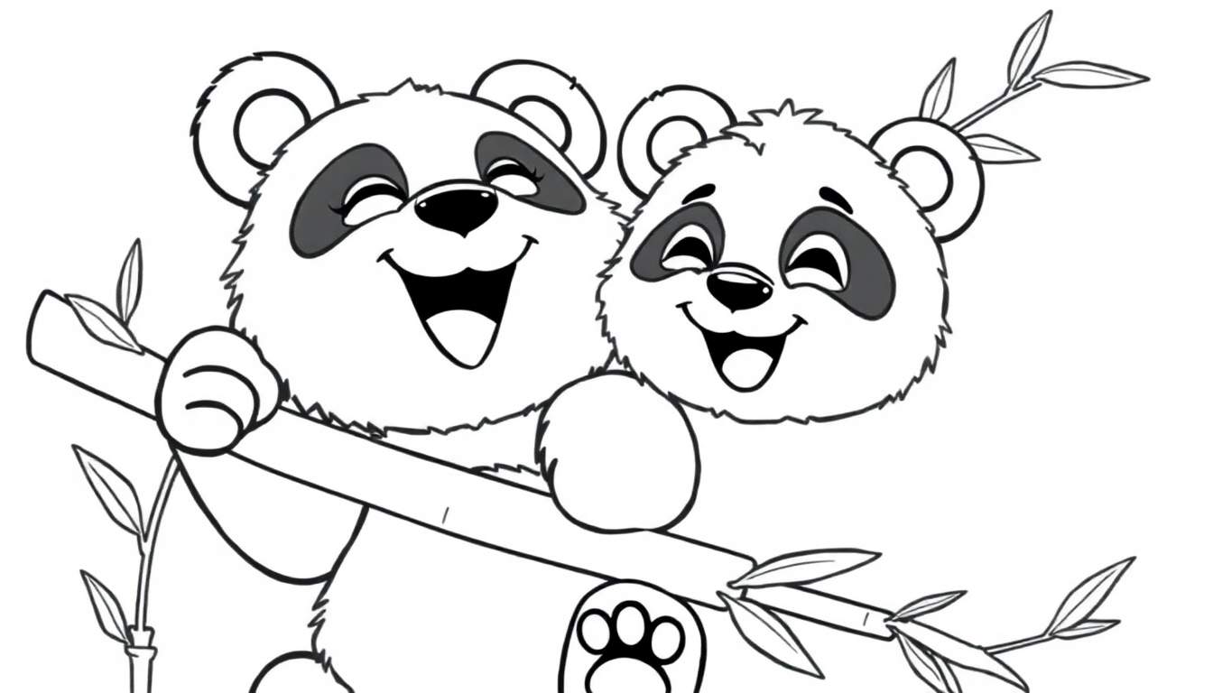 Un dibujo en blanco y negro de dos pandas felices abrazándose en una rama de bambú, para colorear.