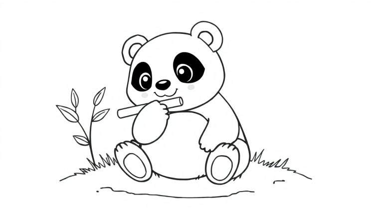 Placa de color de un panda tierno comiendo bambú.