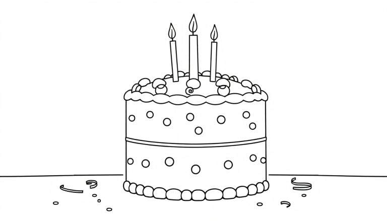 Placa de color de un pastel de cumpleaños de dos pisos con tres velas encendidas y decoraciones de glaseado.