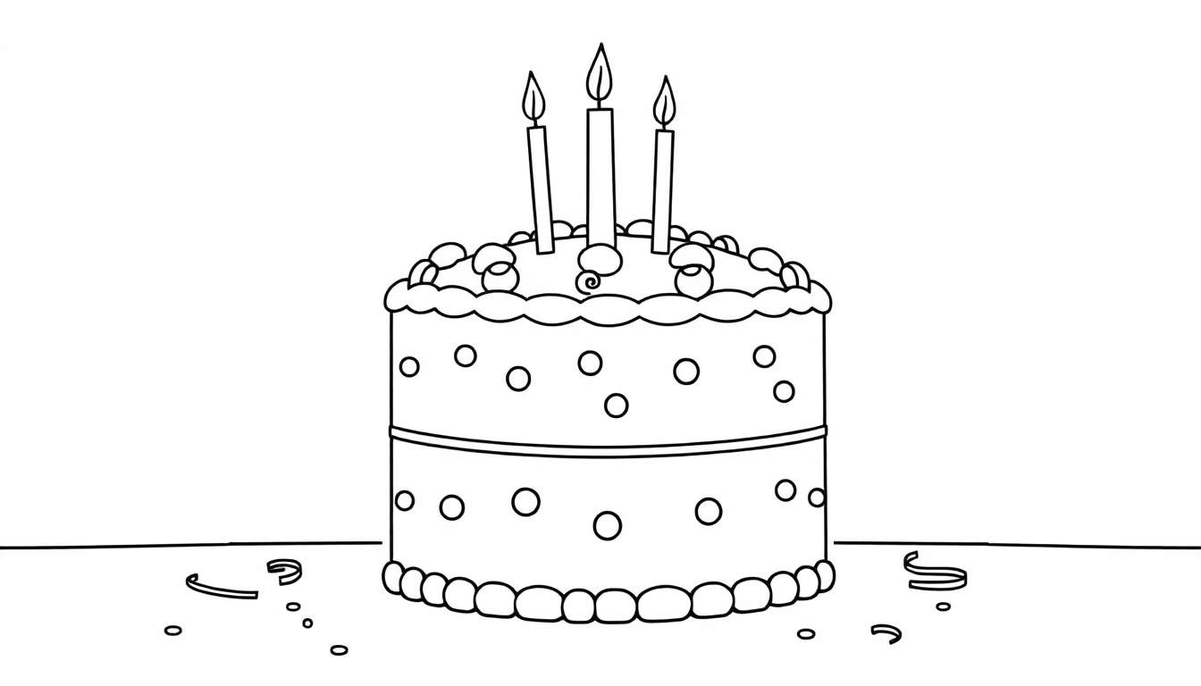 Placa de color de un pastel de cumpleaños de dos pisos con tres velas encendidas y decoraciones de glaseado.