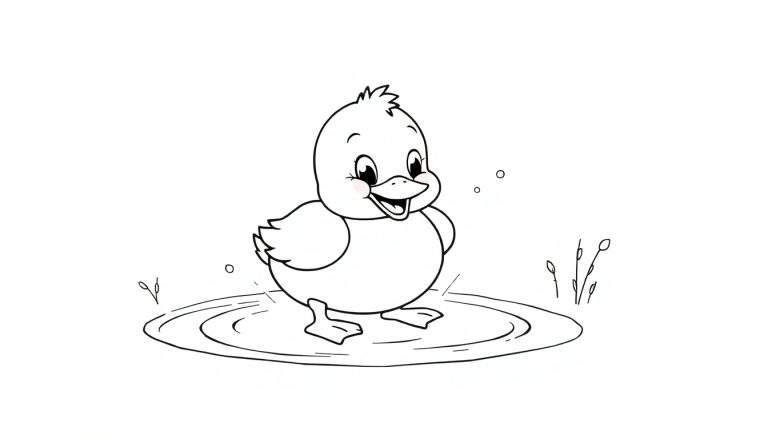 Un patito de dibujos animados en blanco y negro chapoteando en un charco con burbujas y plantas, listo para ser coloreado en una placa de color.