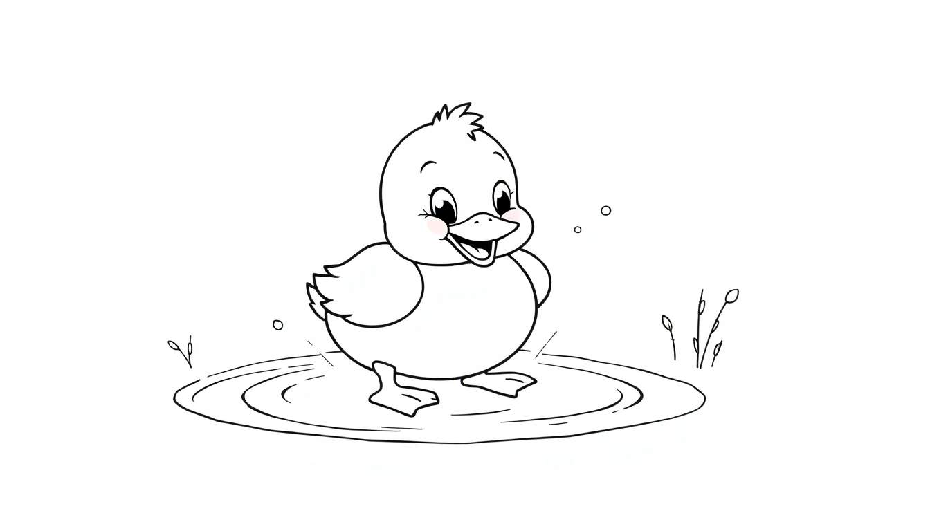 Un patito de dibujos animados en blanco y negro chapoteando en un charco con burbujas y plantas, listo para ser coloreado en una placa de color.