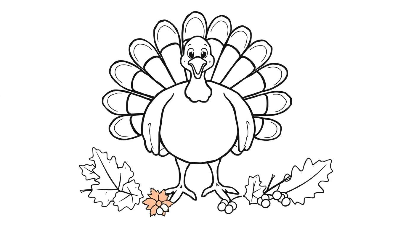 Placa de color de un pavo amigable con las plumas extendidas, rodeado de hojas de otoño.