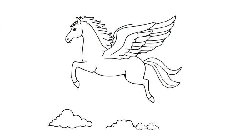 Placa de color de Pegaso blanco y negro para colorear volando sobre nubes.