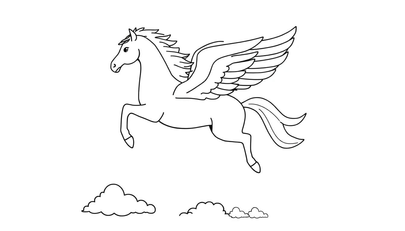 Placa de color de Pegaso blanco y negro para colorear volando sobre nubes.